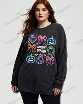 Cute Bow Ghost Print Wash Cotton Round Neck Long Sleeve Plus Size Top